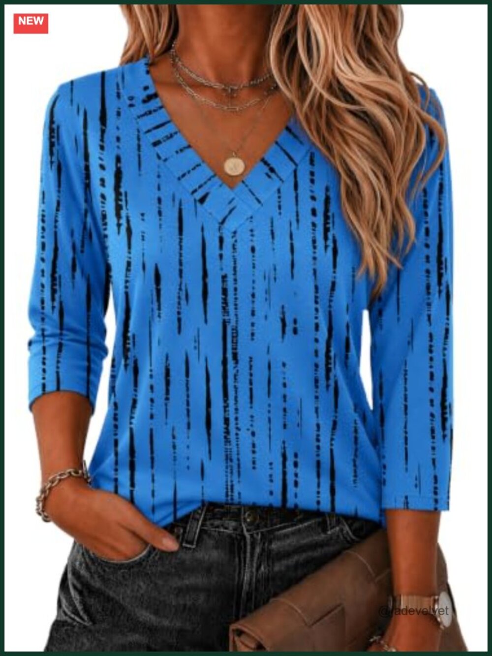 3/4 Sleeve Women's V-Neck Blouse Casual Loose Fit Polyester Spandex